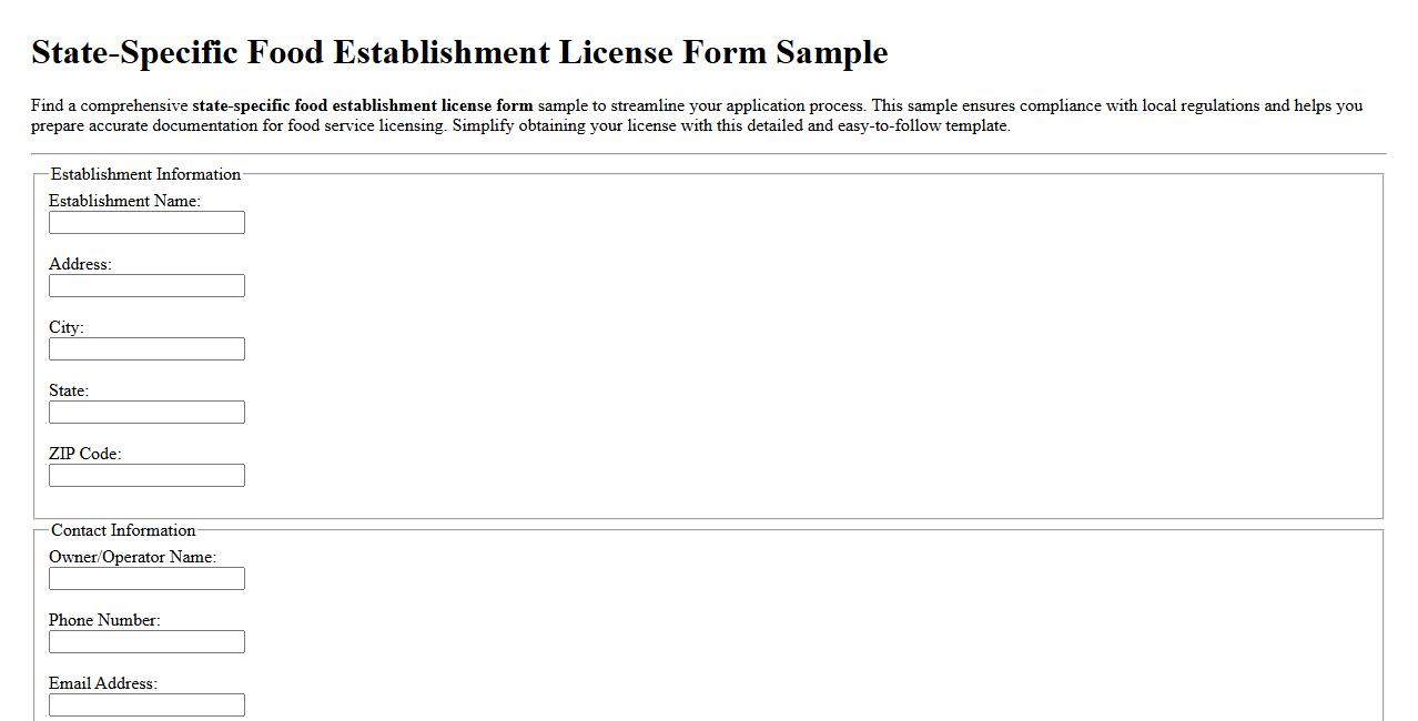 State-specific food establishment license form sample image preview