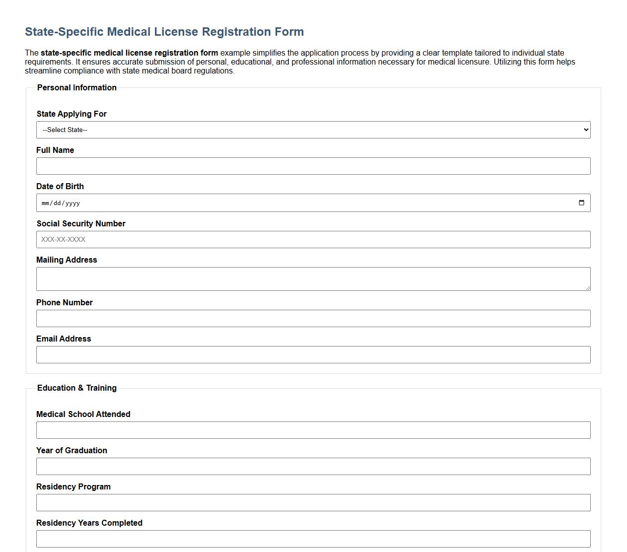 state-specific medical license registration form example image preview