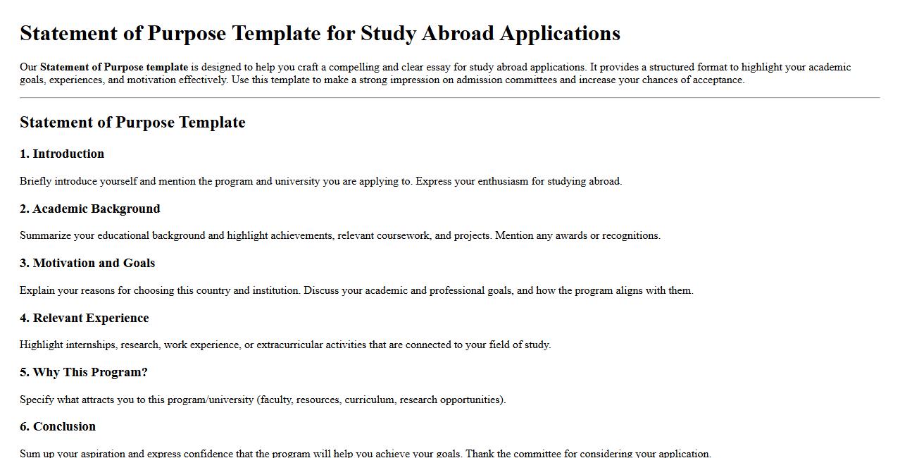 Statement of Purpose template for study abroad applications image preview