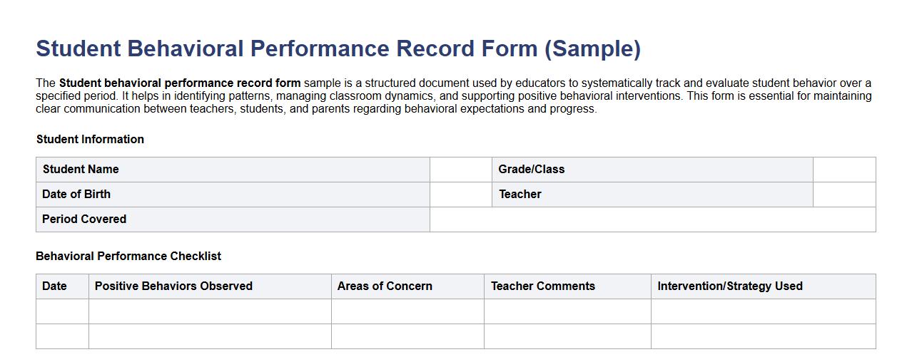 Student behavioral performance record form sample image preview