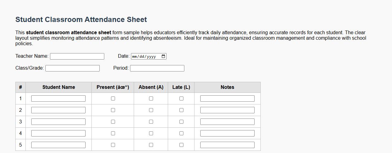 Student classroom attendance sheet form sample image preview