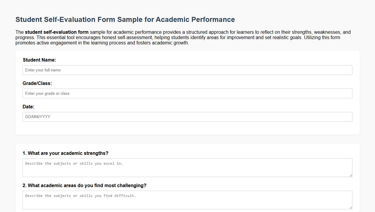 student self-evaluation form sample for academic performance image preview