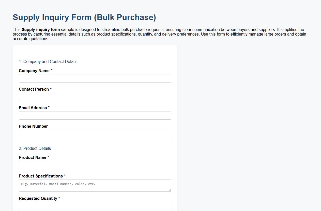 Supply inquiry form sample for bulk purchase image preview