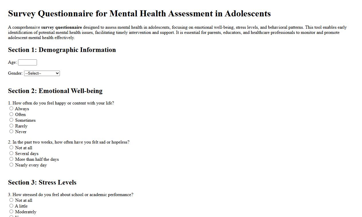Survey questionnaire for mental health assessment in adolescents image preview