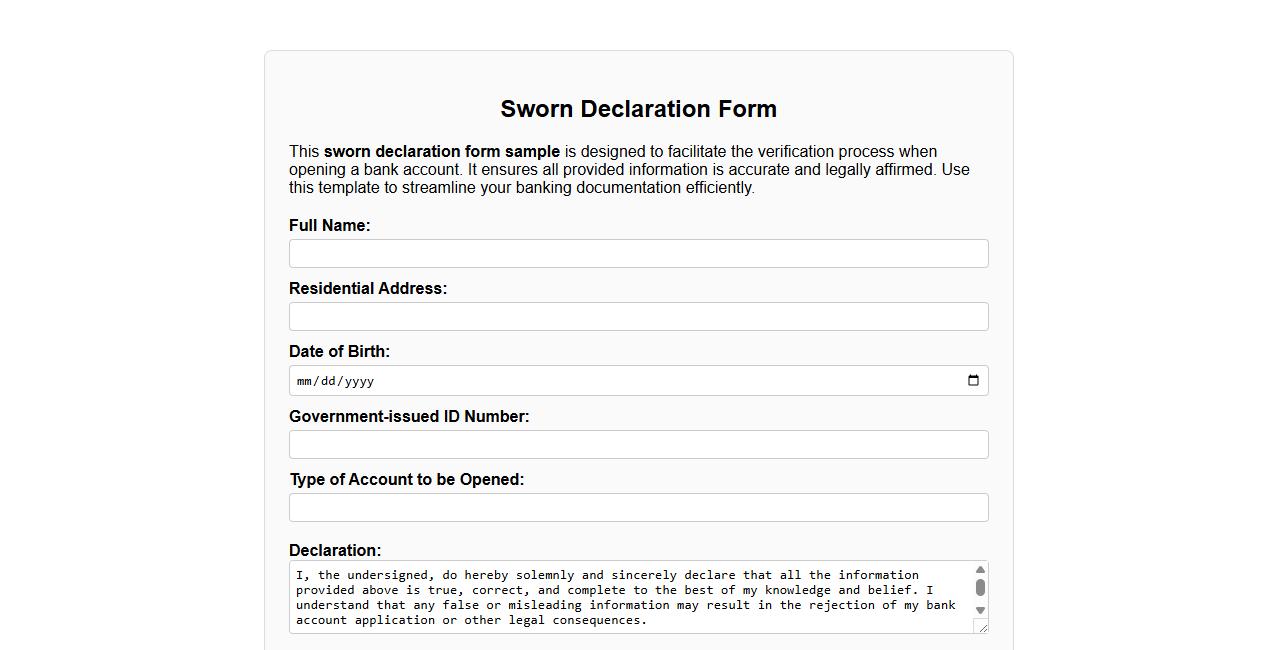 Sworn declaration form sample for bank account image preview