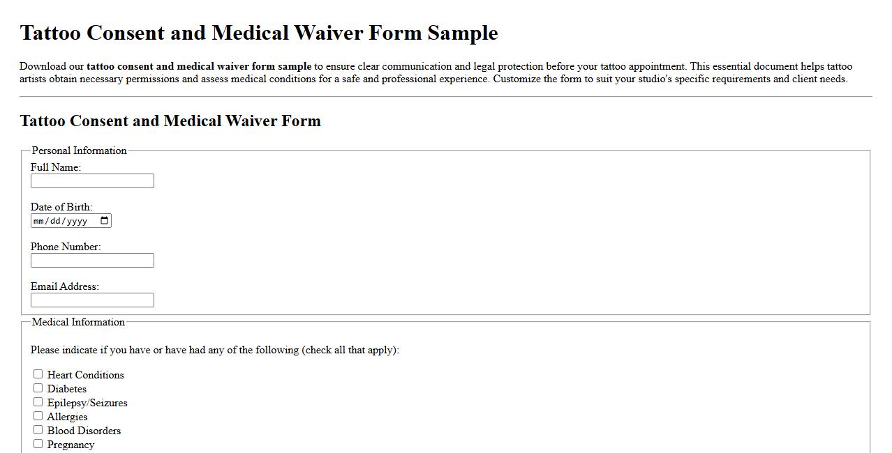 Tattoo consent and medical waiver form sample image preview