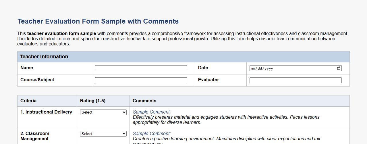 Teacher evaluation form sample with comments image preview