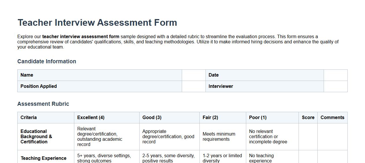 Teacher interview assessment form sample with detailed rubric image preview