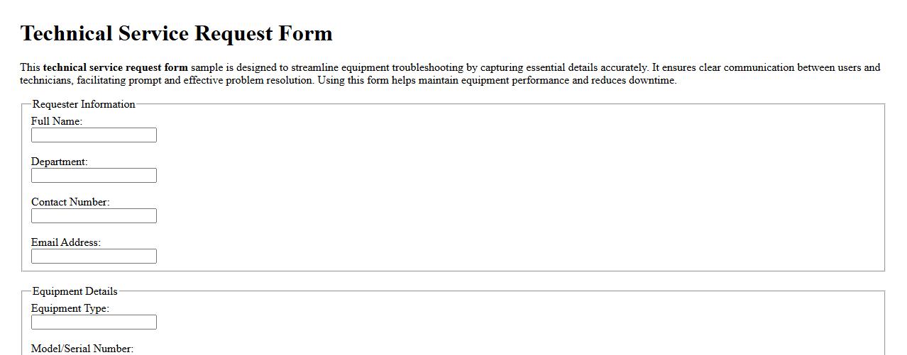 Technical service request form sample for equipment troubleshooting image preview