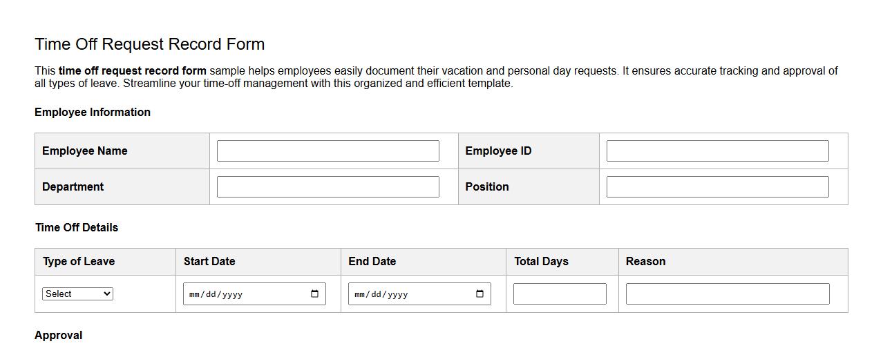 time off request record form sample with vacation and personal days image preview