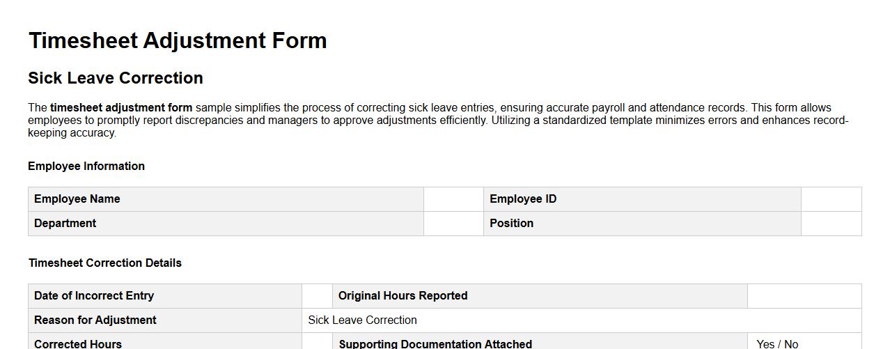 Timesheet adjustment form sample for sick leave correction image preview