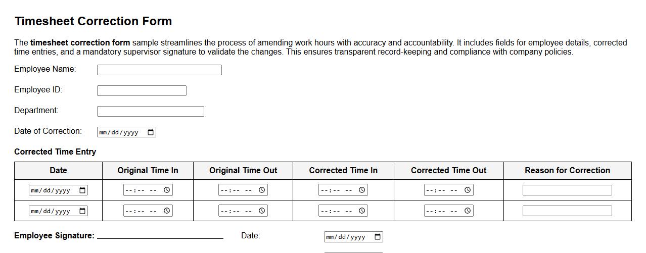 Timesheet correction form sample including supervisor signature image preview