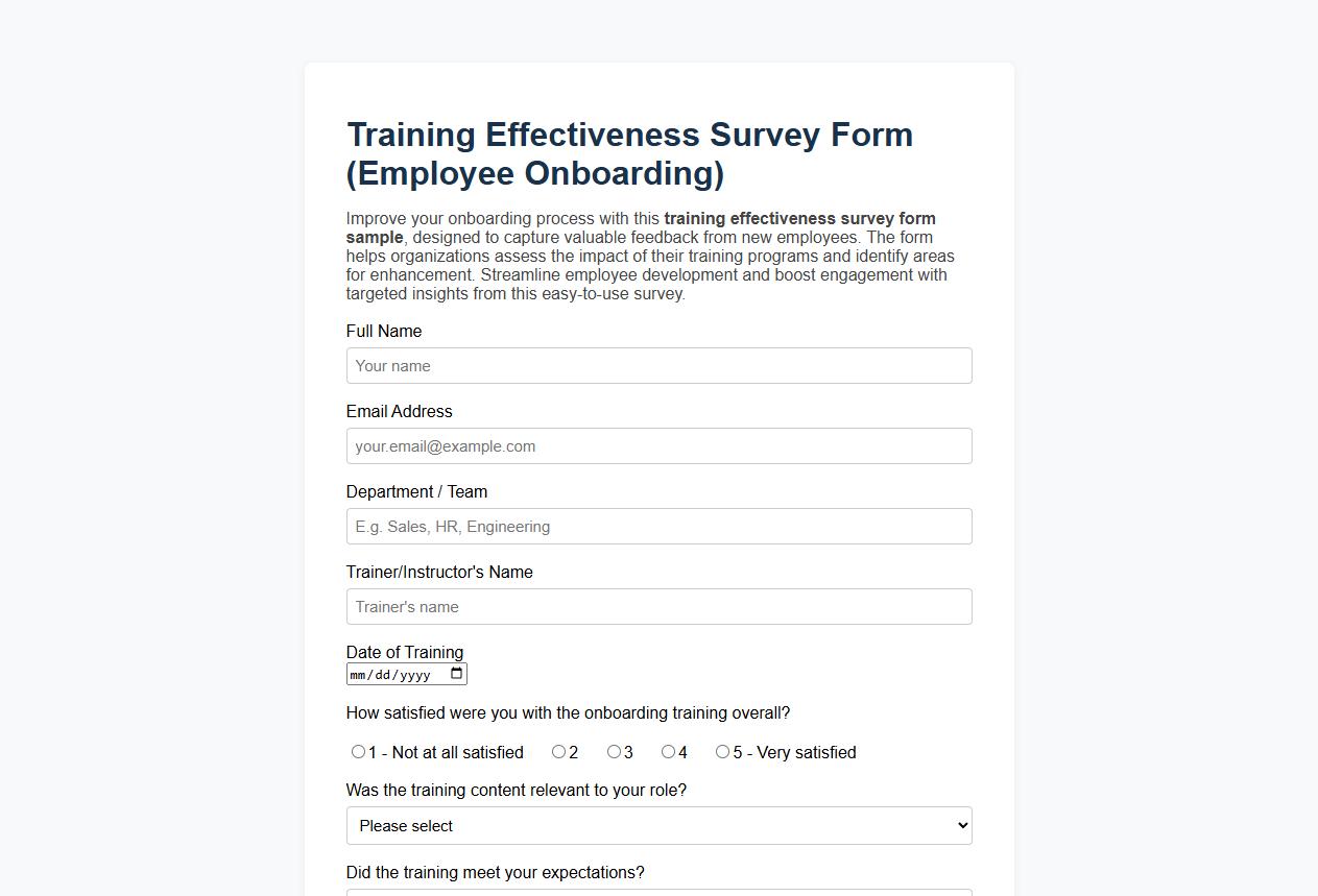 Training effectiveness survey form sample for employee onboarding image preview