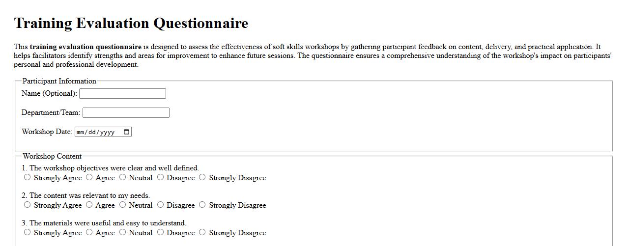 training evaluation questionnaire for soft skills workshops image preview