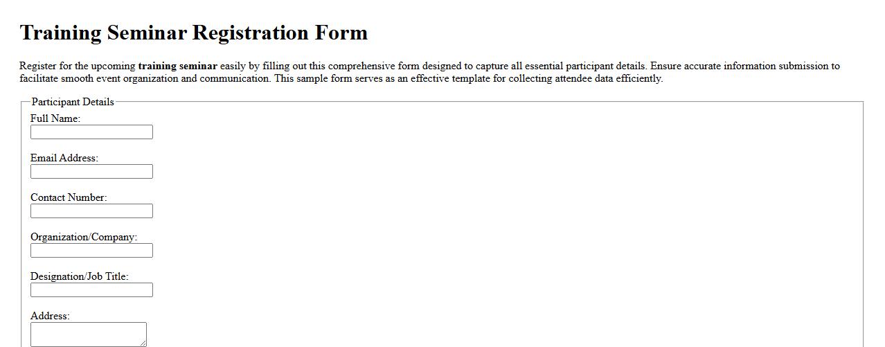 Training seminar registration form sample with participant details image preview
