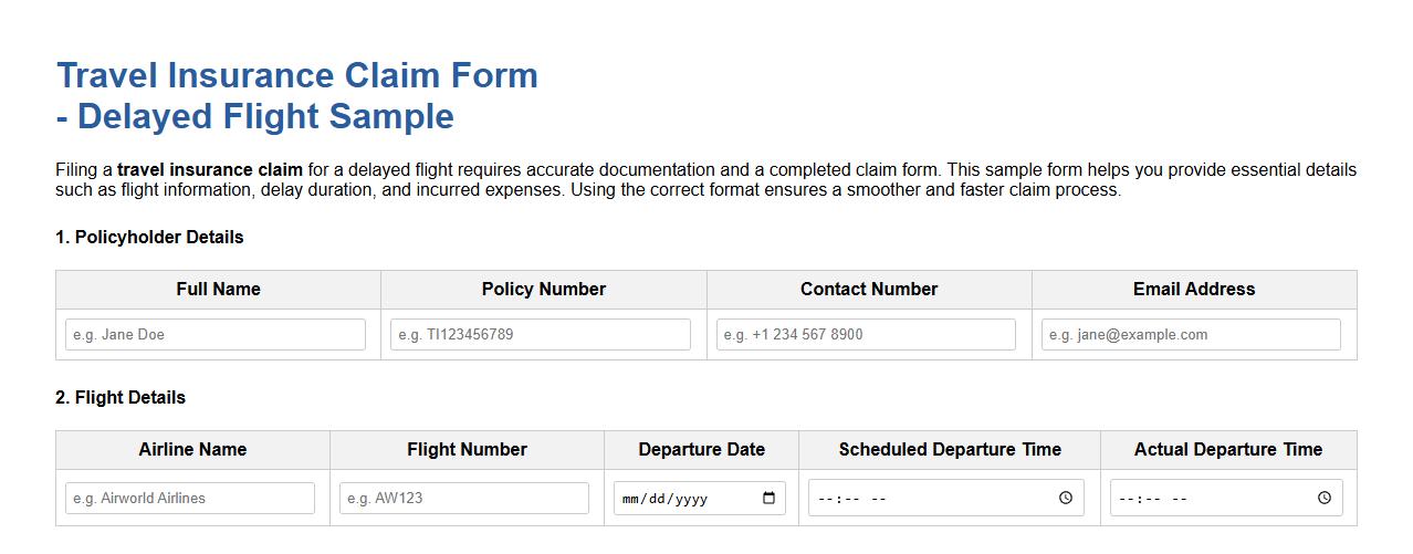 Travel insurance claim form sample for delayed flight image preview