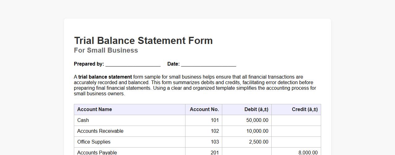 trial balance statement form sample for small business image preview