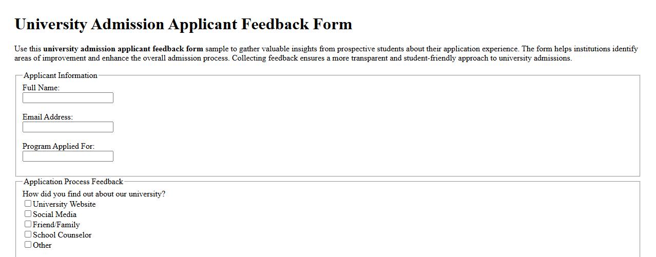 University admission applicant feedback form sample image preview