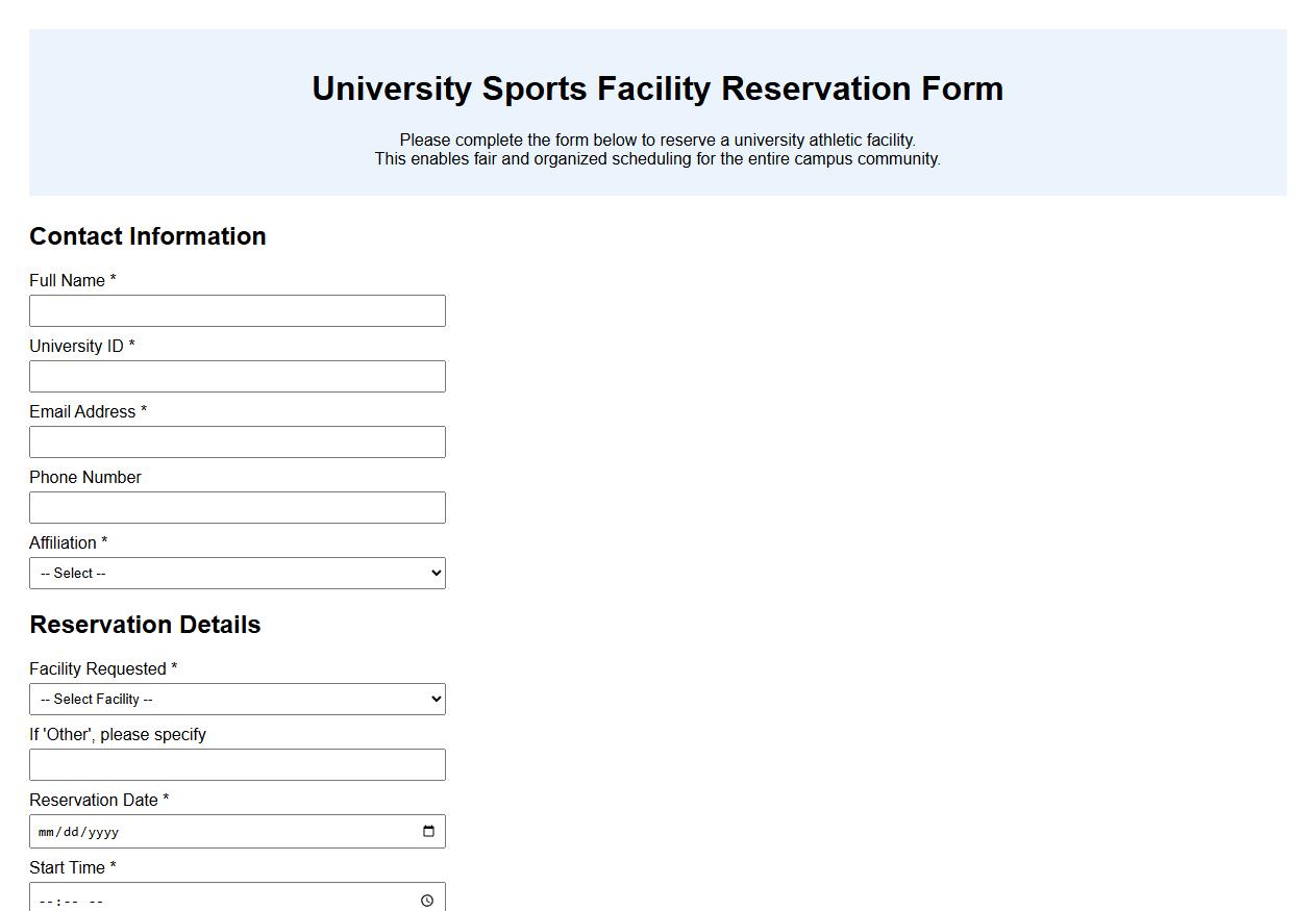 university sports facility reservation form sample image preview