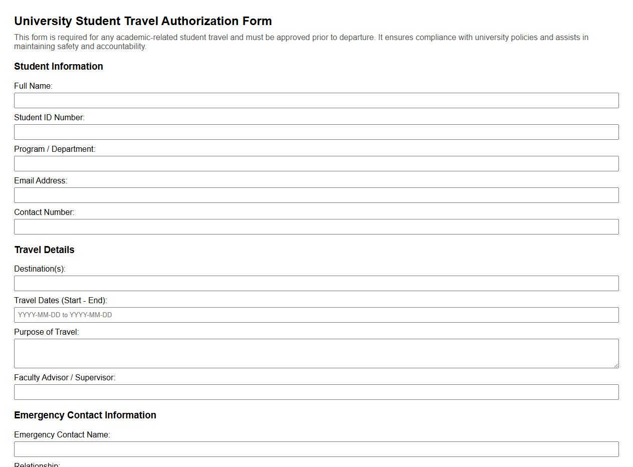 University student travel authorization form sample image preview