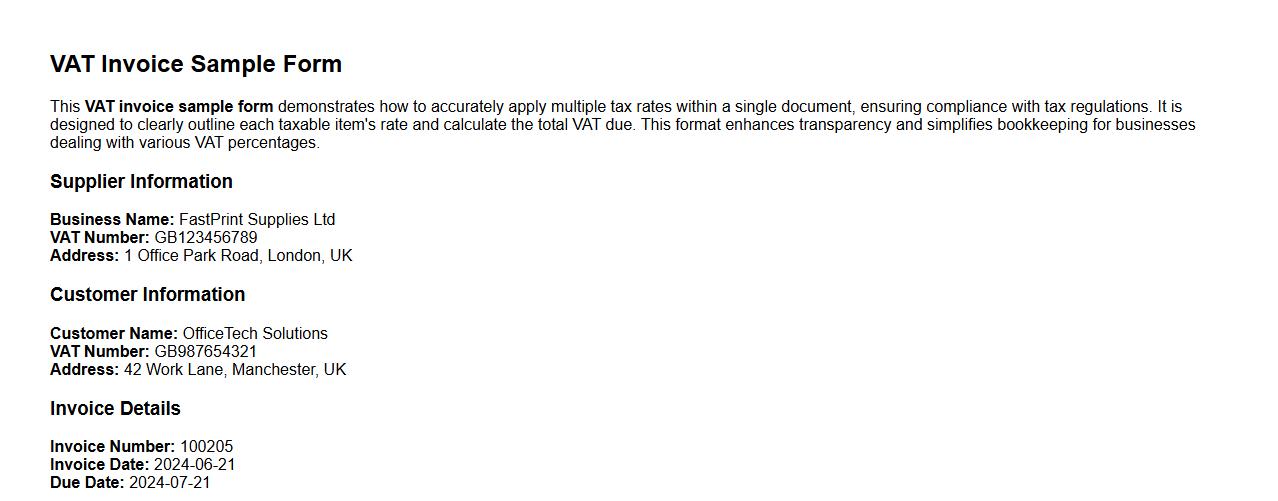 VAT invoice sample form with multiple tax rates image preview