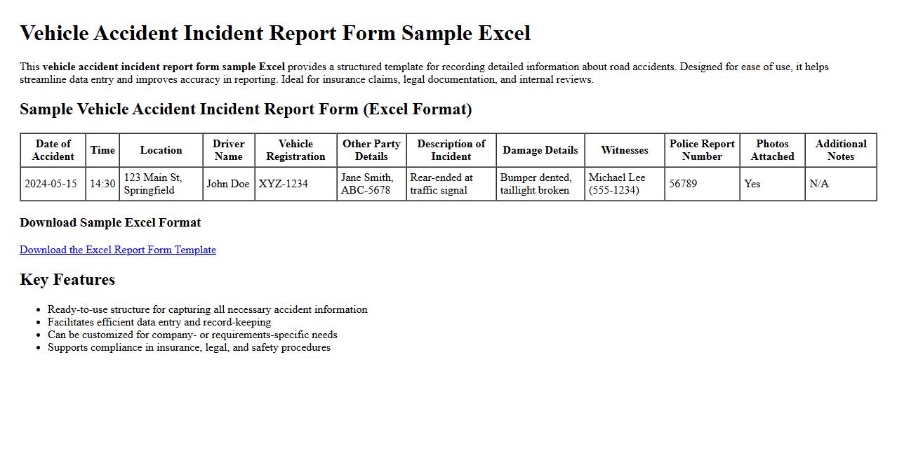 vehicle accident incident report form sample excel image preview