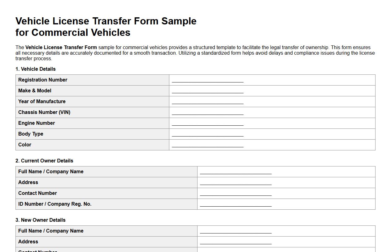 Vehicle License Transfer Form Sample for Commercial Vehicles image preview