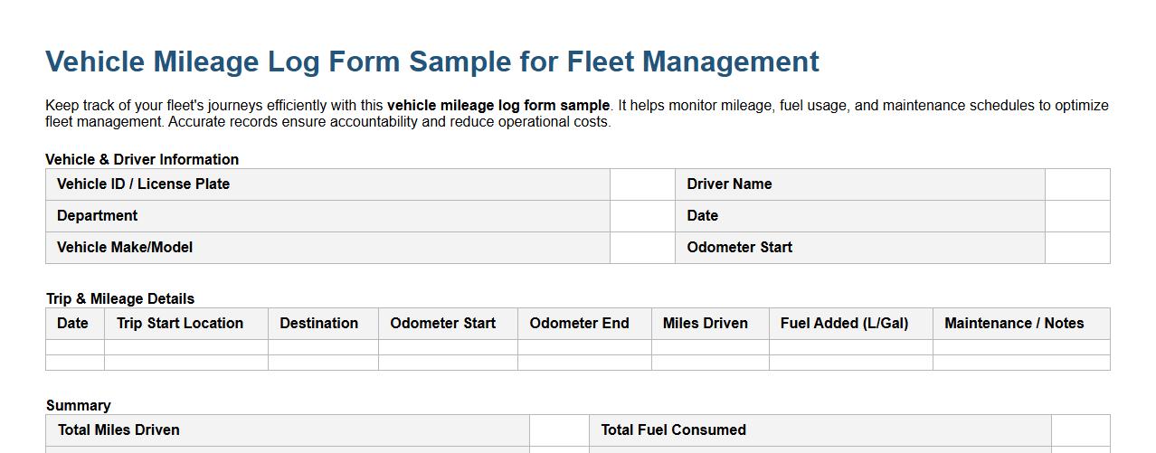 Vehicle mileage log form sample for fleet management image preview