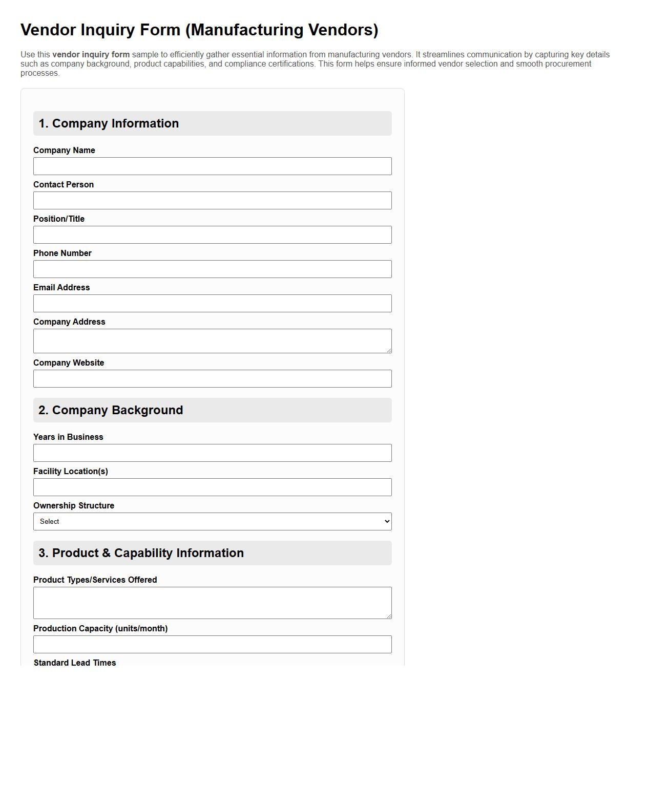 Vendor inquiry form sample for manufacturing vendors image preview