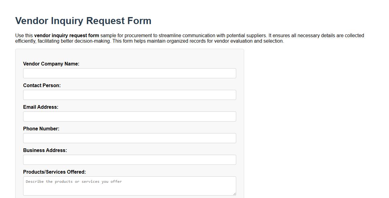 Vendor inquiry request form sample for procurement image preview
