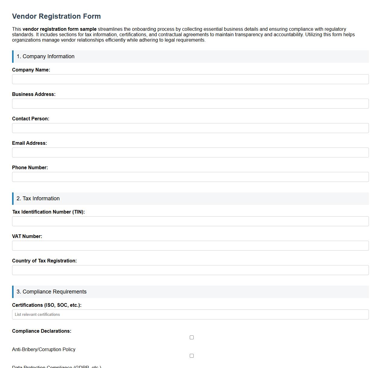 Vendor registration form sample including compliance requirements image preview