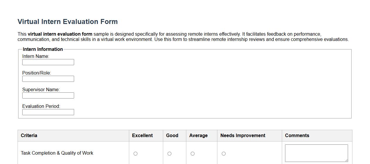 virtual intern evaluation form sample for remote positions image preview