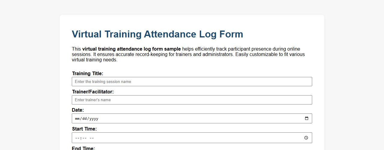 virtual training attendance log form sample image preview