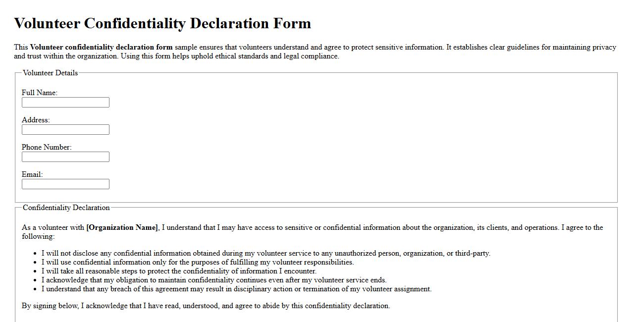 Volunteer confidentiality declaration form sample image preview