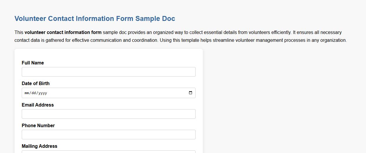 Volunteer contact information form sample doc image preview