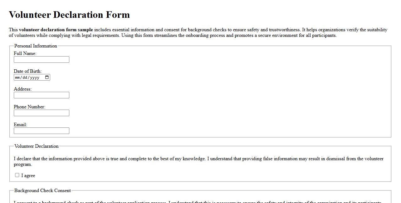 Volunteer declaration form sample including background check image preview