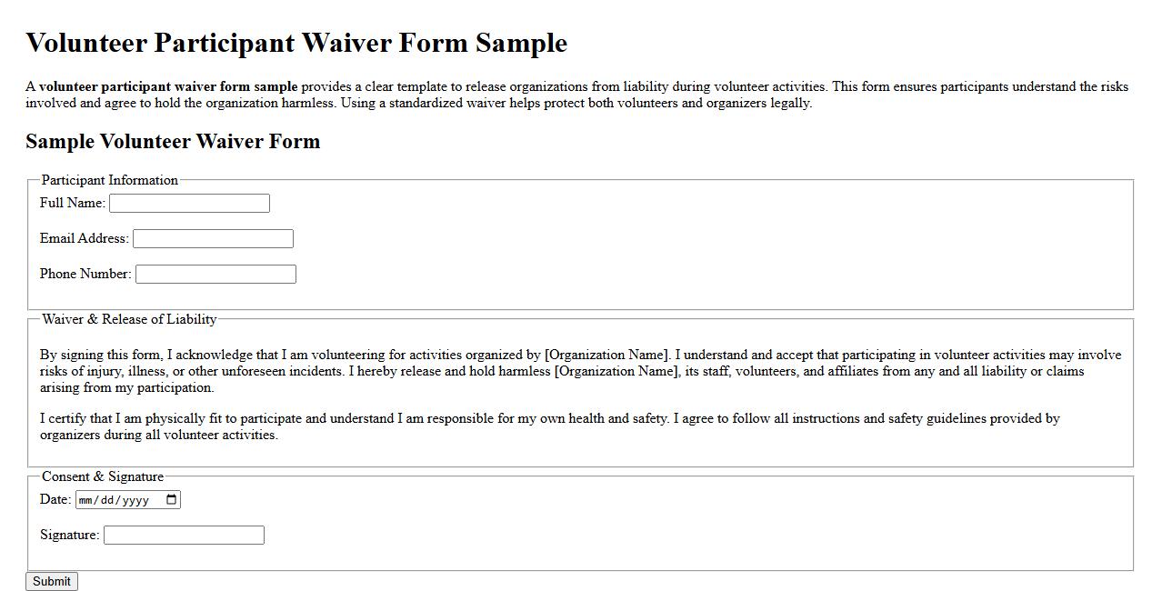 volunteer participant waiver form sample image preview