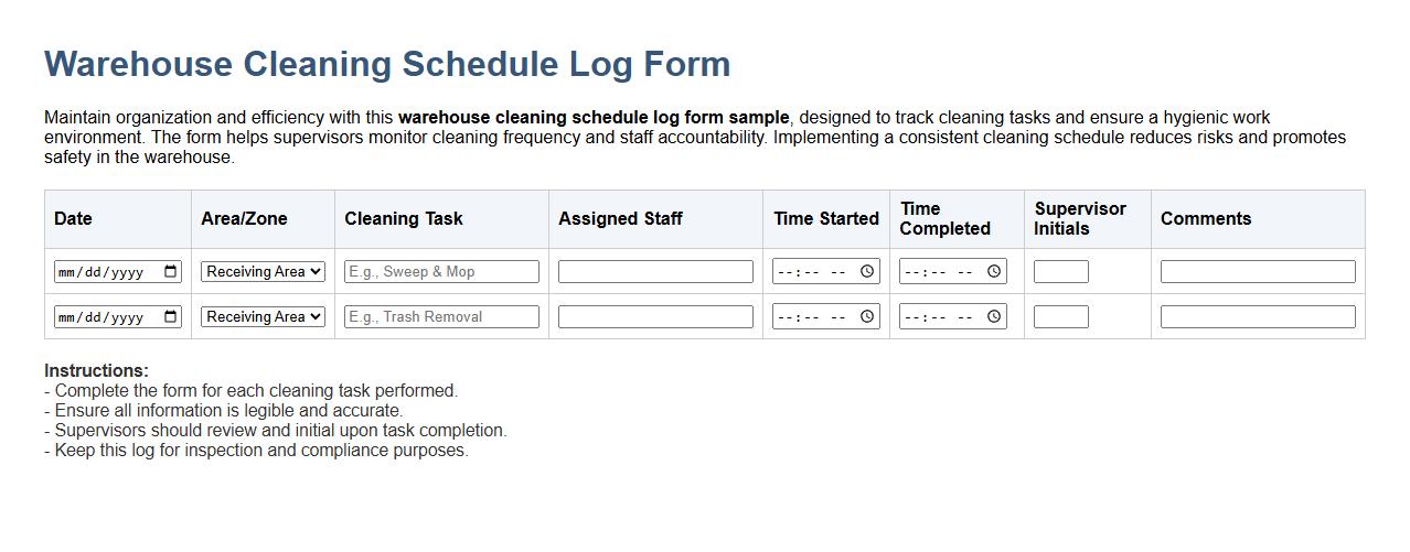 warehouse cleaning schedule log form sample image preview