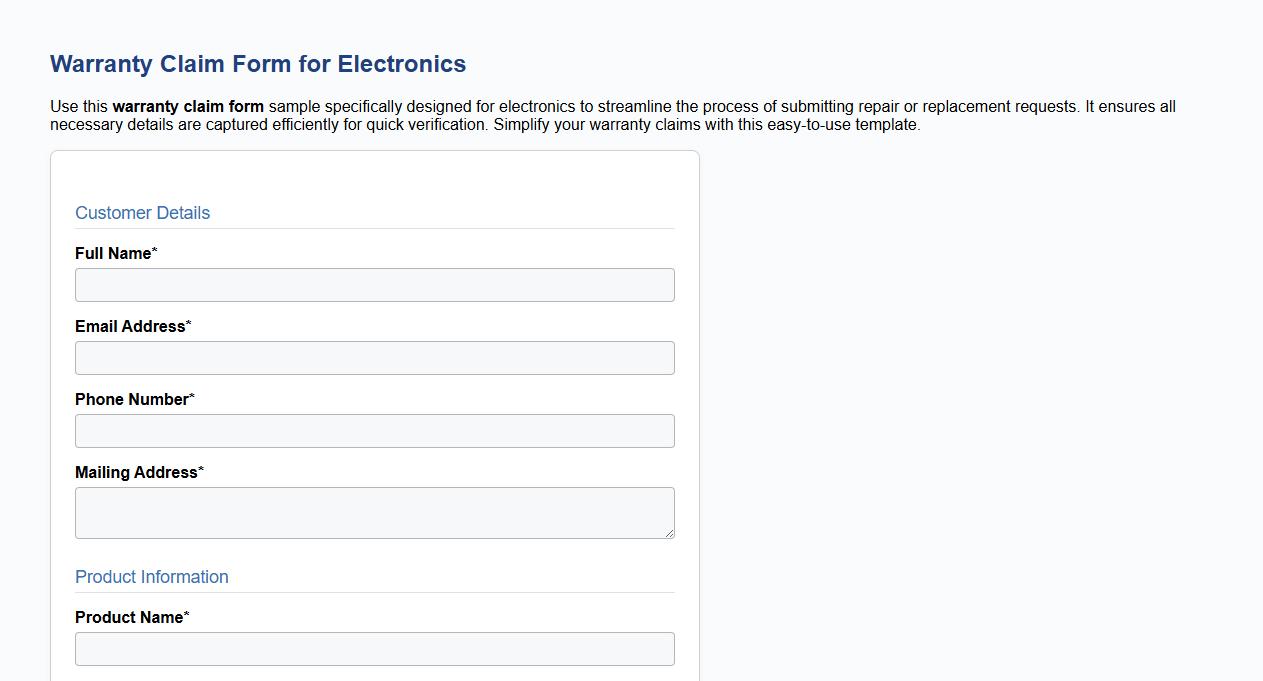Warranty claim form sample for electronics image preview