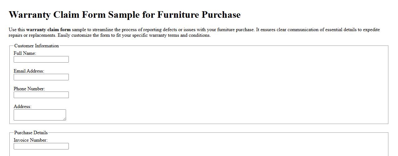 Warranty claim form sample for furniture purchase image preview