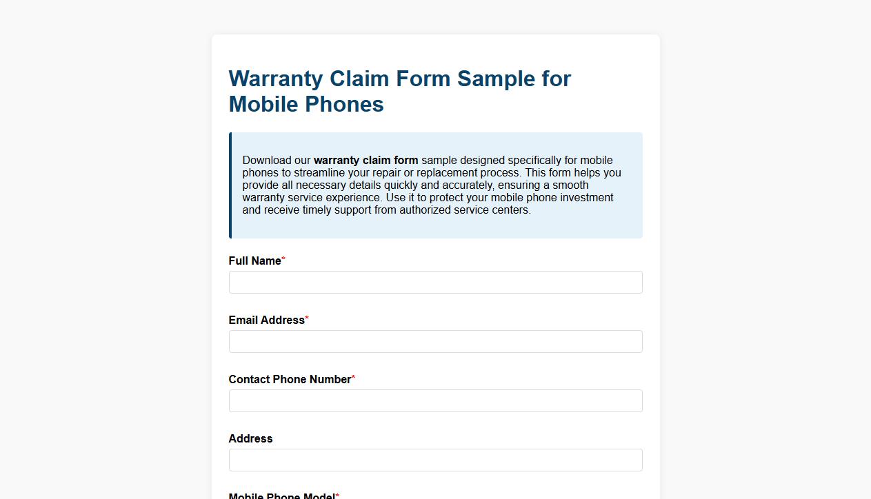 Warranty claim form sample for mobile phones image preview