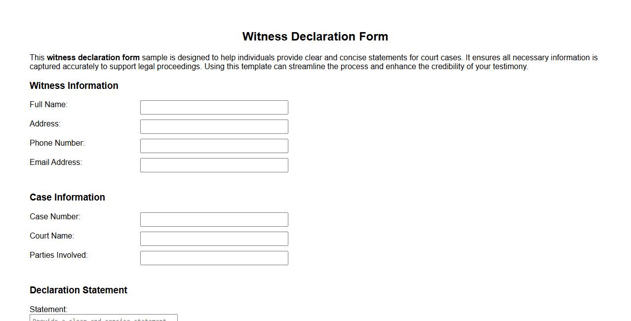 Witness declaration form sample for court cases image preview