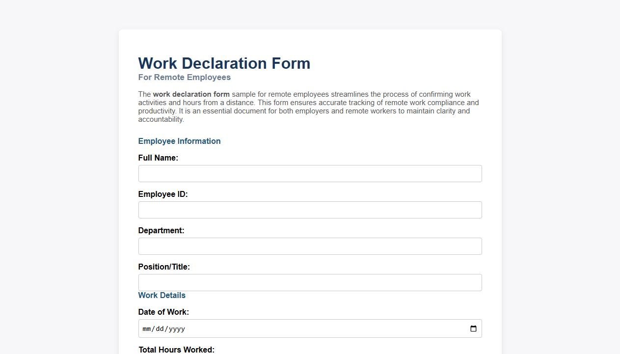Work declaration form sample for remote employees image preview