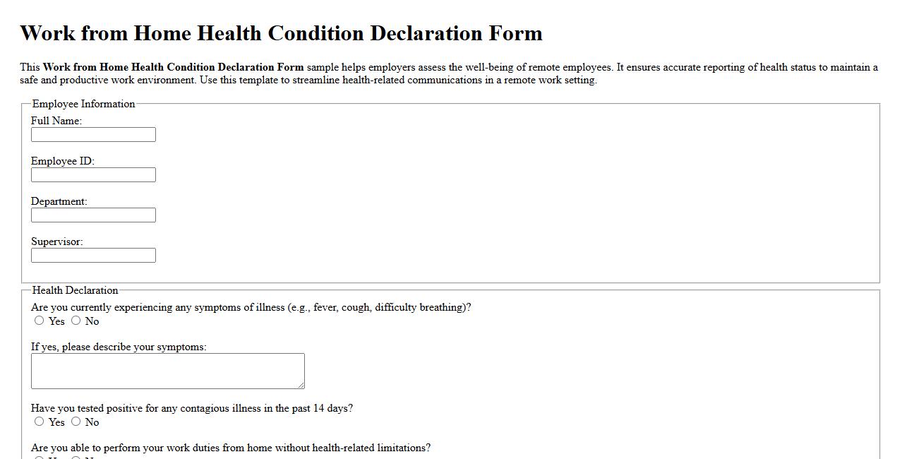 Work from home health condition declaration form sample image preview