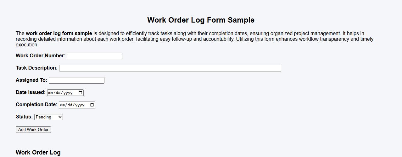 work order log form sample including completion date image preview