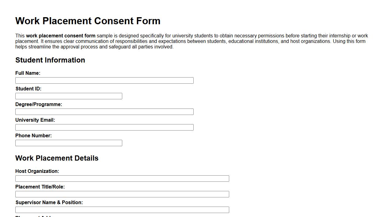 Work placement consent form sample for university students image preview