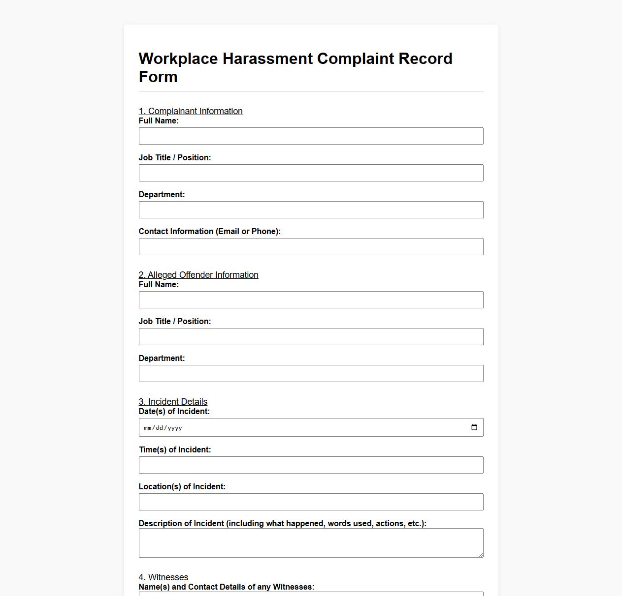 workplace harassment complaint record form sample image preview