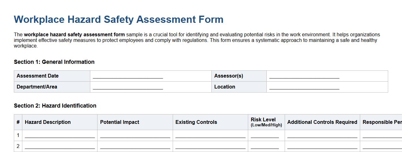 Workplace hazard safety assessment form sample image preview