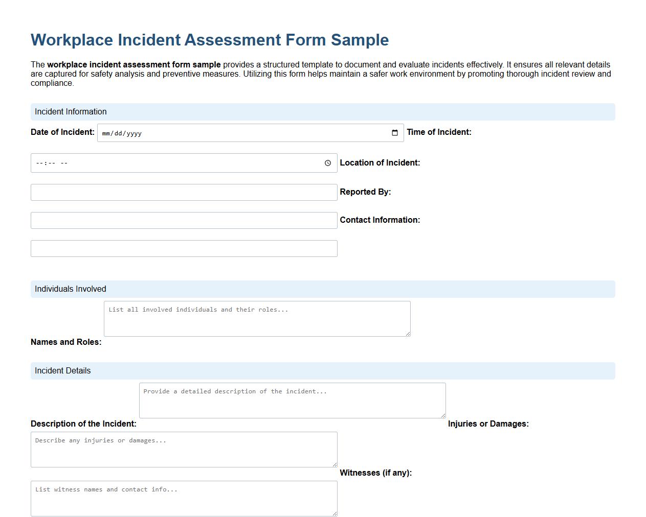 workplace incident assessment form sample image preview