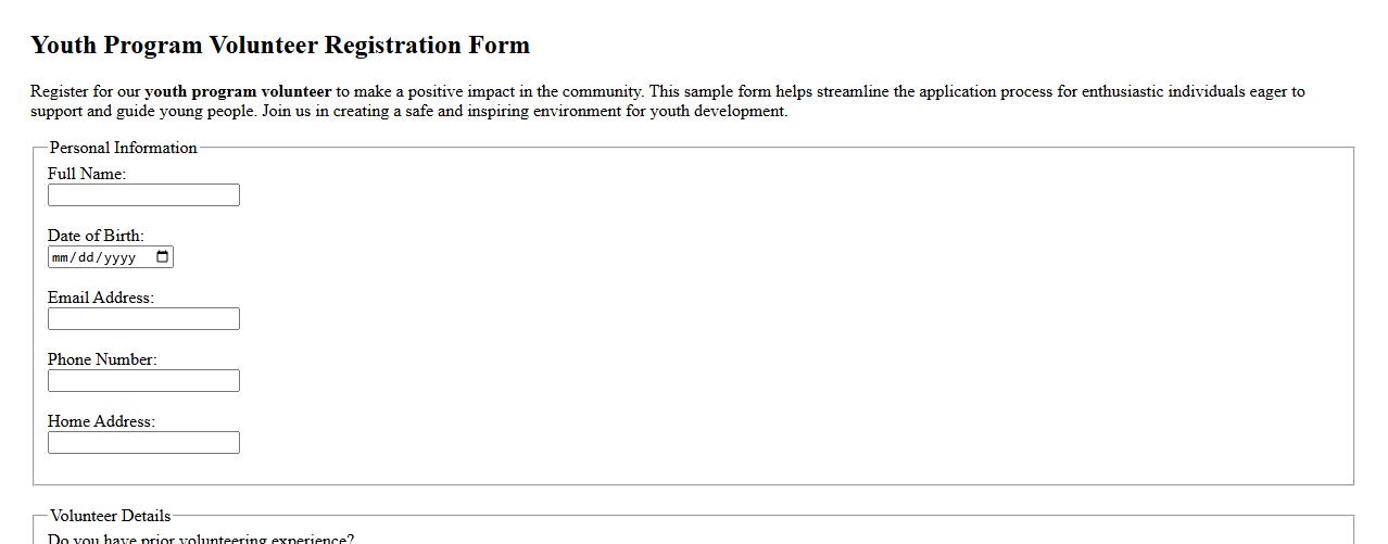 youth program volunteer registration form sample image preview